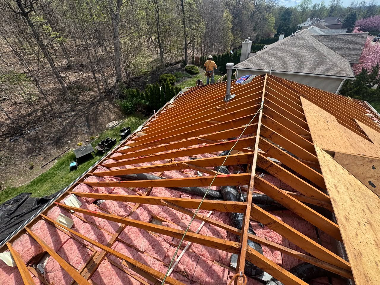 New rafters and roof sheathing going on during a roof replacement